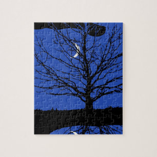 Moon with Tree, Cobalt Blue, Black and White Jigsaw Puzzle