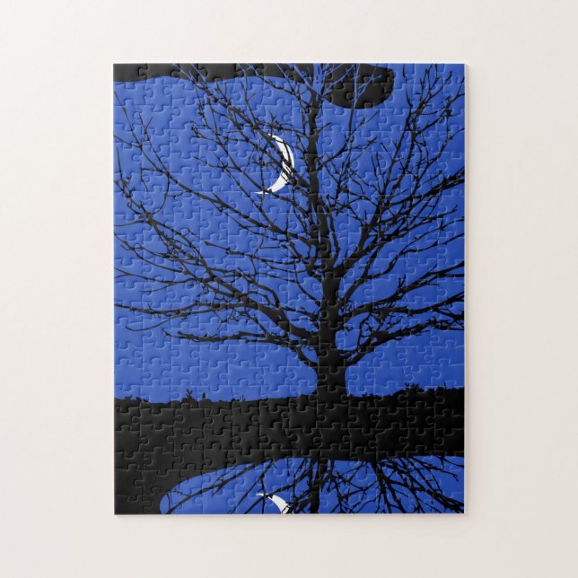 Moon with Tree, Cobalt Blue, Black and White Jigsaw Puzzle (Vertical)
