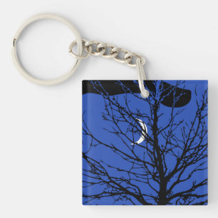 Moon with Tree, Cobalt Blue, Black and White Key Ring