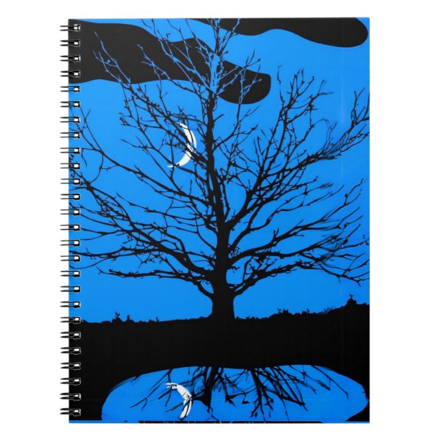 Moon with Tree, Cobalt Blue, Black and White Spiral Notebook (Front)