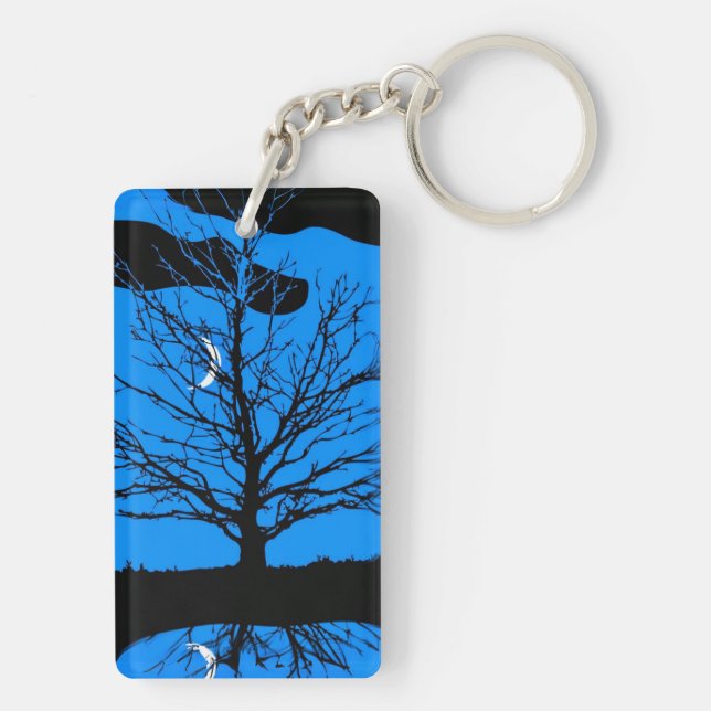 Moon with Tree, Deep Blue, Black and White Key Ring (Back)