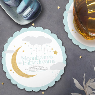 Moonbeams and baby dreams baby shower blue paper coaster