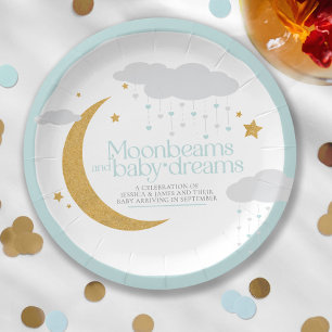 Moonbeams and baby dreams baby shower blue paper plate
