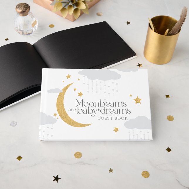Moonbeams and baby dreams baby shower gold grey guest book (Front Open)