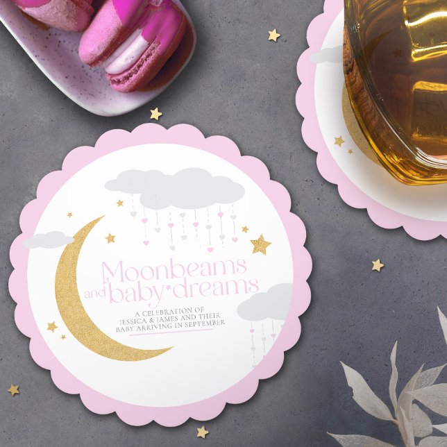 Moonbeams and baby dreams baby shower pink paper coaster (Creator Uploaded)