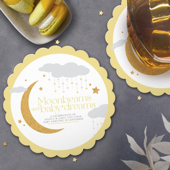 Moonbeams and baby dreams baby shower yellow paper coaster (Creator Uploaded)