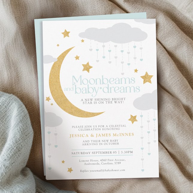 Moonbeams and baby dreams blue baby shower  invitation (Creator Uploaded)