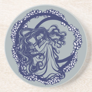 MoonChild Blue Floral Moon Goddess Art Moon Child Coaster