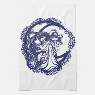 MoonChild Blue Floral Moon Goddess Art Moon Child Tea Towel