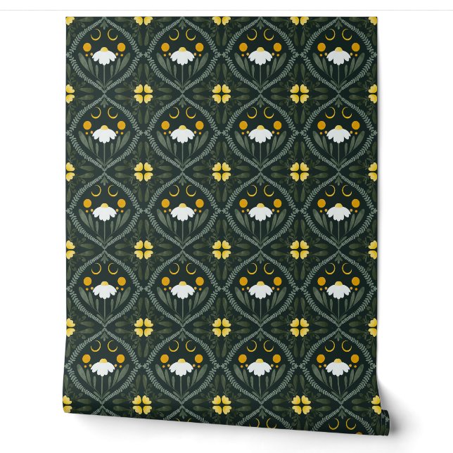Moonflower Grid | Dark Forrest Green Wallpaper (Unrolling)