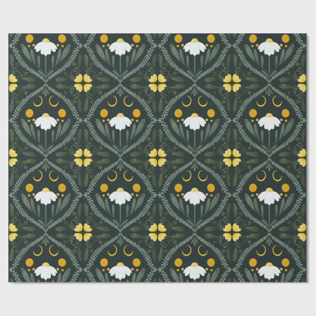 Moonflower Grid | Dark Forrest Green  Wrapping Paper (Flat)