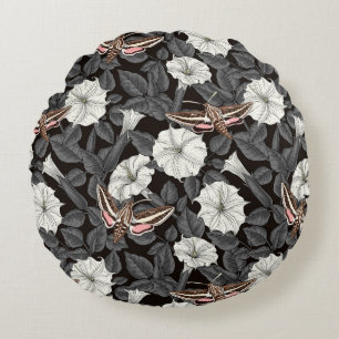 Moonflowers and sphinx moths 2 round cushion