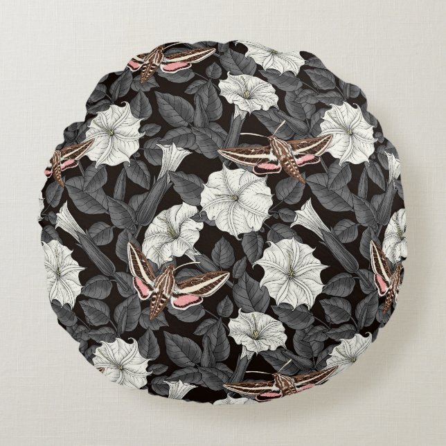Moonflowers and sphinx moths 2 round cushion (Front)