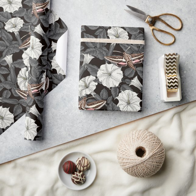 Moonflowers and sphinx moths 2 wrapping paper (Crafts)