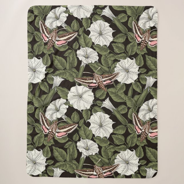 Moonflowers and sphinx moths sherpa blanket (Front)