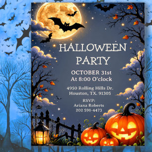 Moonlight and Bats Kids Halloween Party Invitation