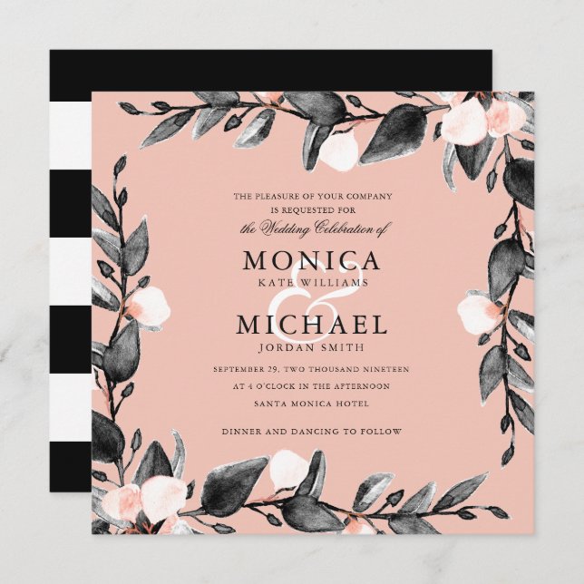 Moonlight Bloom | Modern botanical wedding pink Invitation (Front/Back)