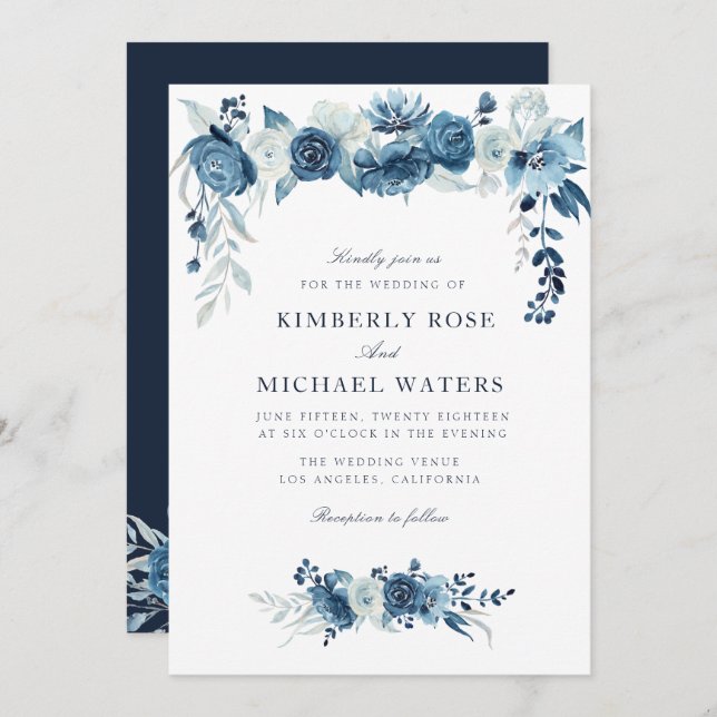 moonlight blue floral frame wedding invitation (Front/Back)