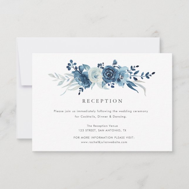 moonlight blue floral wedding reception card (Front)