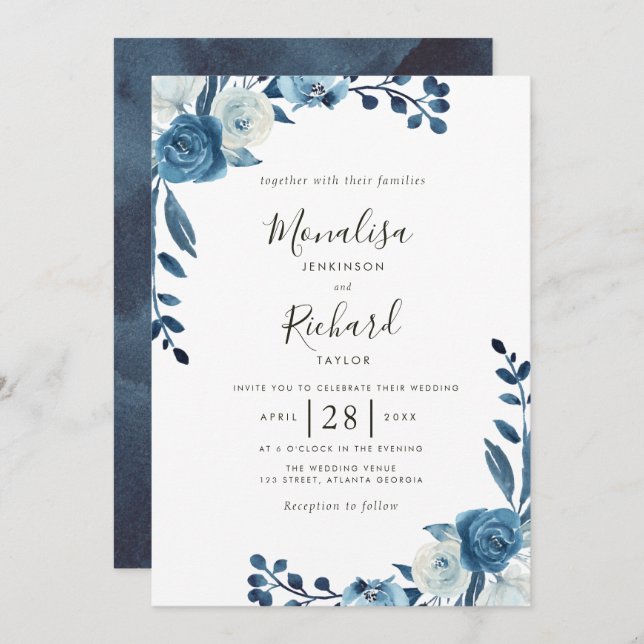 moonlight blue flowers wedding invitation (Front/Back)