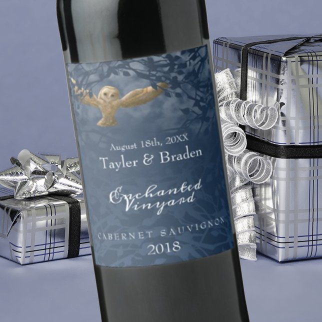 Moonlight Blue, Owl, Forest Food Wine Label (company Christmas logo wine labels, corporate holiday stickers, flying owl in flight, nighttime)