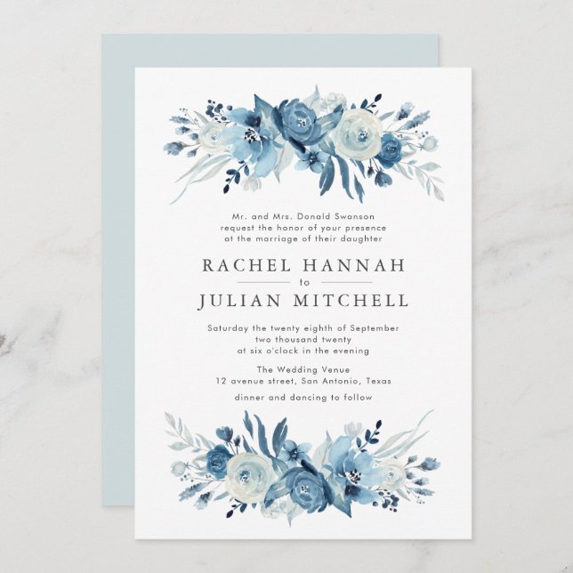 Moonlight blue watercolor floral wedding invitation (Front/Back)
