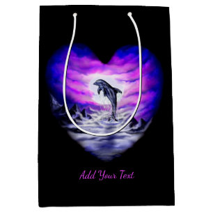 Moonlight Dolphin Heart , Add Your Text Medium Gift Bag