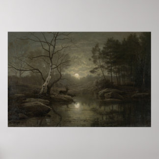 Moonlight Forest Landscape Vintage Painting Poster
