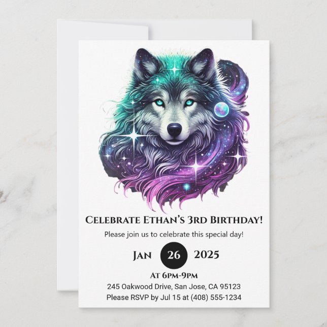 Moonlight Galaxy Wolf Birthday Invitation (Front)