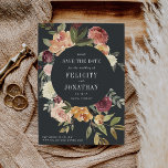Moonlight Garden Save the Date Card<br><div class="desc">Our modern floral Moonlight Garden save the date card frames your key wedding details, including date and location, inside a lush botanical border of watercolor roses mums, green leaves and foliage. Dusty autumn hues of burgundy, marsala, blush and ivory pop against a soft off-black background. Personalise with your names, wedding...</div>