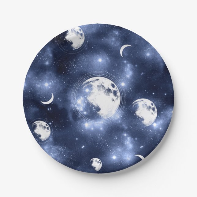 Moonlight Glow | Moon Phases in Sky Clouds Paper Plate (Front)