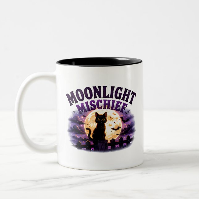 🐈‍⬛ Moonlight Halloween Black Cat Saying 🌕 Two-Tone Coffee Mug (Left)