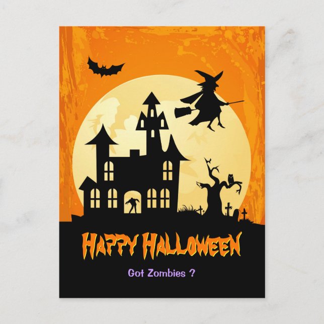 Moonlight Haunted House in Graveyard - Halloween Postcard (Front)