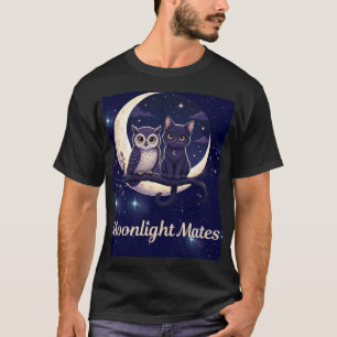 Moonlight Mates Cute Black Cat and Owl Crescent Mo T-Shirt