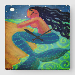 Moonlight Mermaid Abstract Art Square Wall Clock
