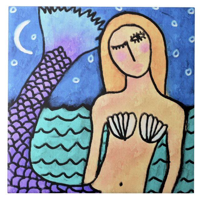 Moonlight Mermaid Abstract Digital Painting Tile (Front)