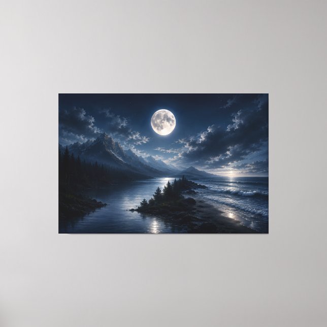 Moonlight Mountain Lake Wall Art Canvas- Full Moon (Front)