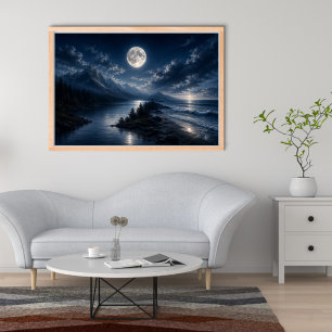 Moonlight Mountain Lake Wall Art Poster- Full Moon