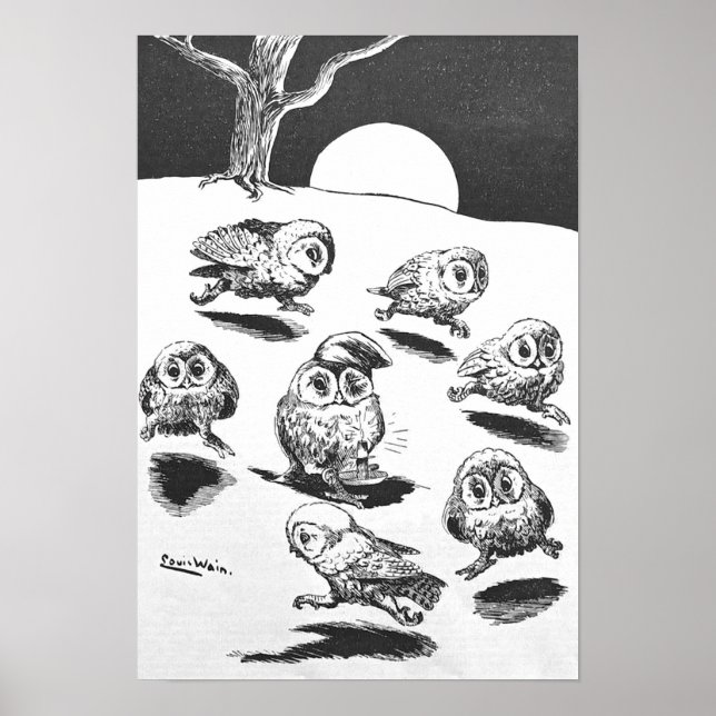 Moonlight Owls, Louis Wain Poster (Front)