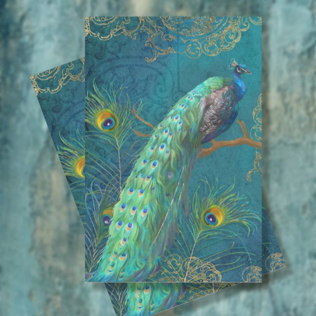 Moonlight Peacock n Feathers Teal Gold Decoupage Tissue Paper (Creator Uploaded)
