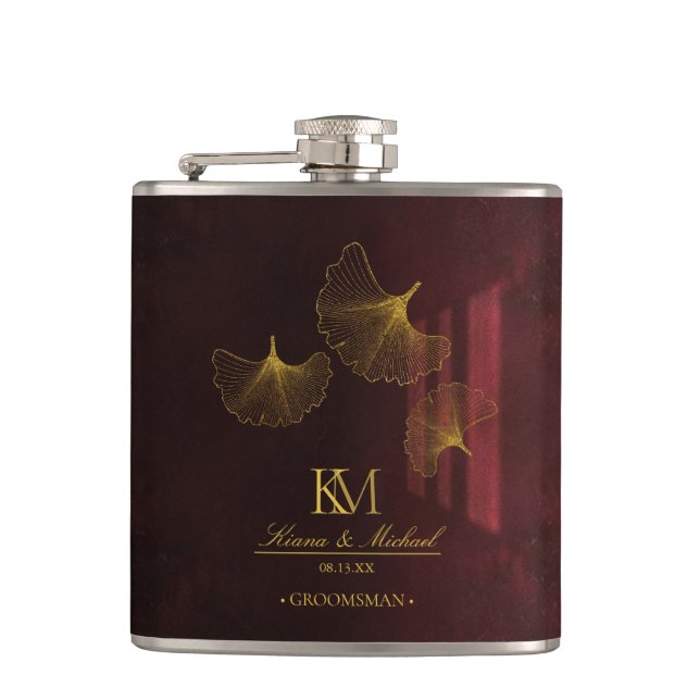Moonlight Romance Groomsman Burgundy ID881 Hip Flask (Front)