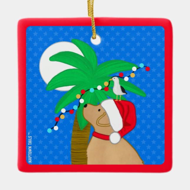Moonlight Santa Yellow Dog Trimming Palm Tree Ceramic Ornament (Front)