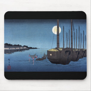 Moonlight Scene on a River With Boats, Hiroshige Mouse Pad