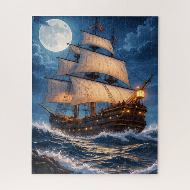 Moonlight Ship Puzzle – Ocean Night Jigsaw (Vertical)
