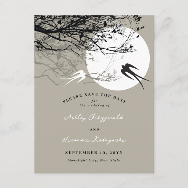 Moonlight Swallows Ash Save The Date Postcard (Front)