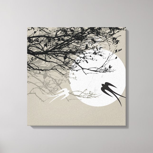 Moonlight Swallows Silhouette Grey Wrapped Canvas (Front)