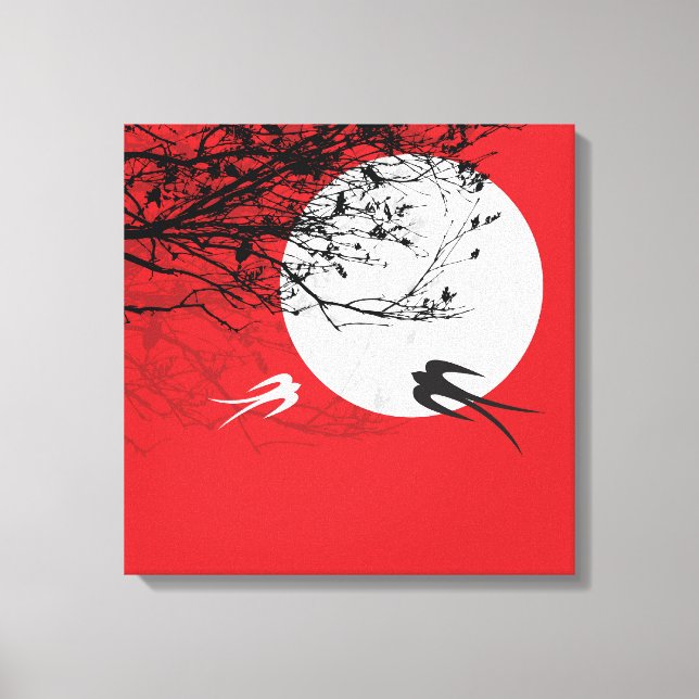 Moonlight Swallows Silhouette Red Wrapped Canvas (Front)