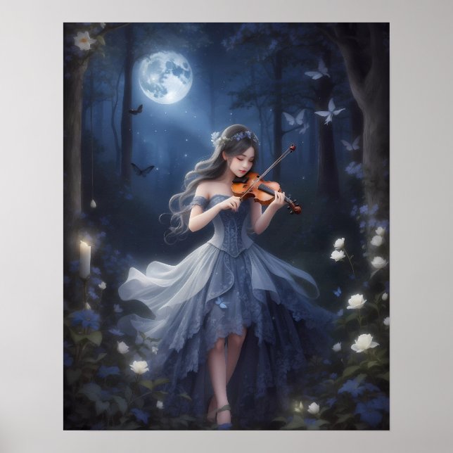 Moonlight Symphony - Dreamy Violin Playing Girl Poster (Front)