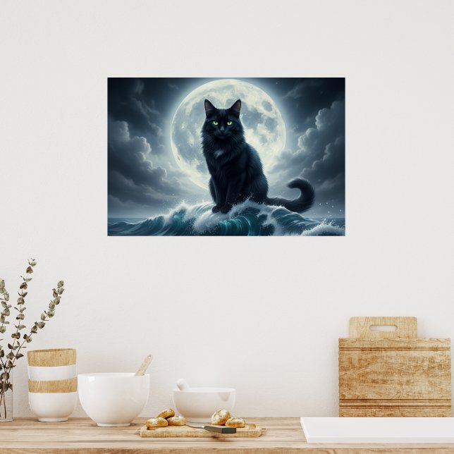 Moonlight Wave & Black Cat Poster (Kitchen)