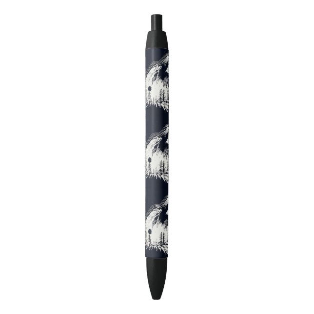 Moonlight Winter Wolf Pine Tree Forest Black Ink Pen (Front Vertical)